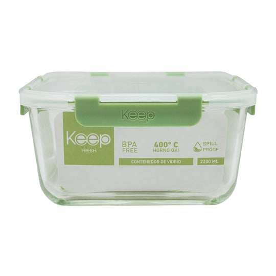 Contenedor Cuadrado Keep Hermético de Vidrio 2200ml - Verde